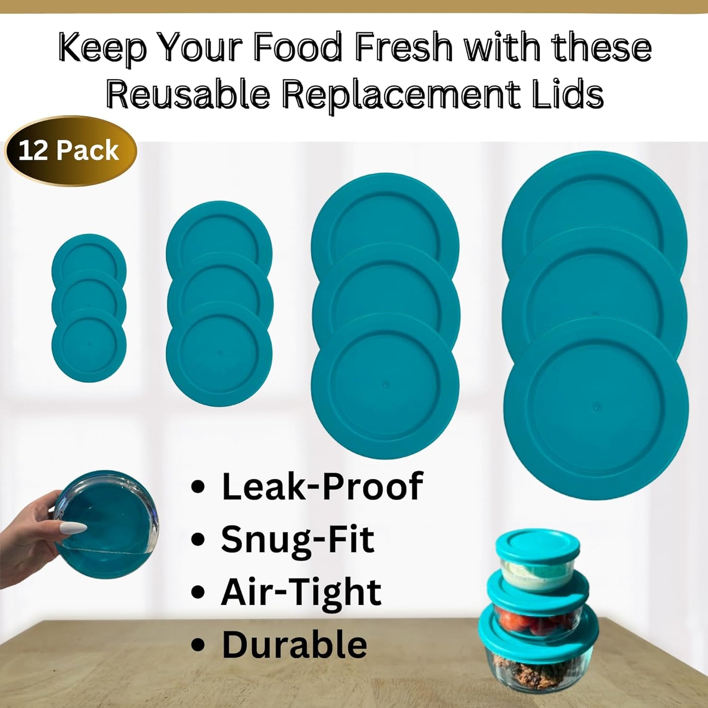 1, 2, 4 & 7 Cup Turquoise Replacement Lids/Covers for Pyrex, Anchor Hocking & KlareWare Storage Bowls *Lids Only Glass Container Not Included* (12 Pack *Three of Each Size*)