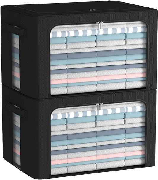FHSQX 2 Pack Clothes Storage Bins Foldable Metal Frame Storage Box Linen Fabric Organizer Set with Carrying Handles and Clear Window (Black, 15.7x 11.8x 7.8Inch)