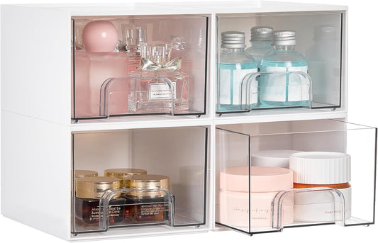 Vtopmart 4Pack Small Stackable Storage Drawers, Bathroom Makeup Organizer,Plastic Storage Bins For Vanity, Undersink, Kitchen Cabinets, Pantry, Home Organization(White)