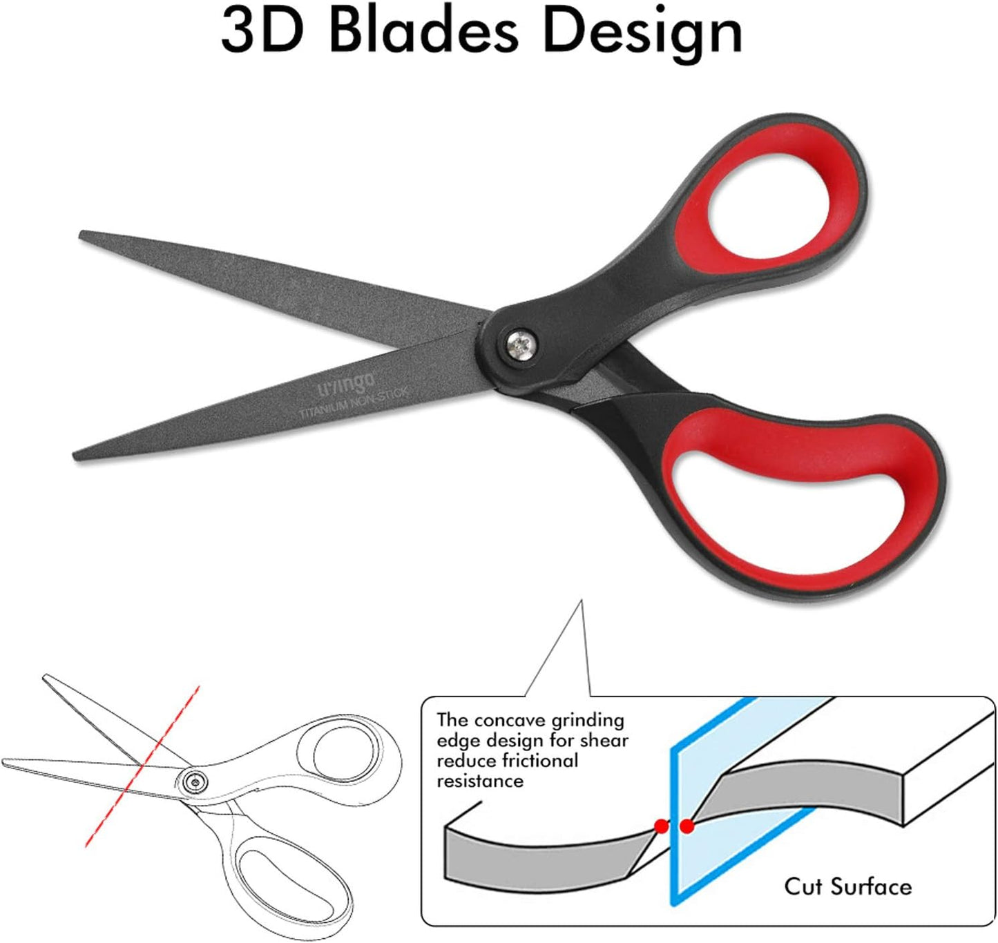 LIVINGO 2 Pack 8" Titanium Non-Stick Scissors, Professional Stainless Steel Comfort Grip, All-Purpose, Straight Office Craft Scissors for DIY(Red/Black)
