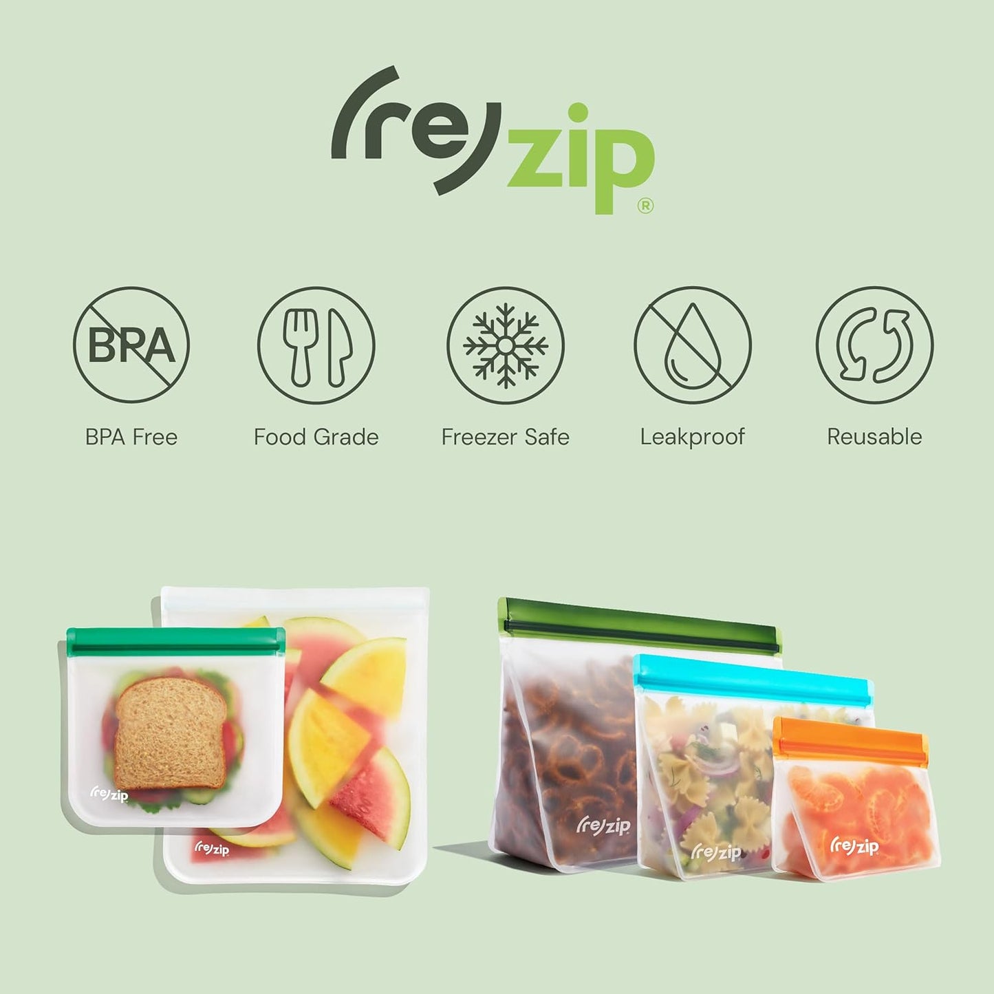 (re) zip 5-Piece Stand-Up Pack n Go Reusable Bag Kit, BPA-Free, Food Grade, Leakproof, Freezer and Dishwasher Safe, Quart (1), 2-Cup (2), Snack (2) - Aqua