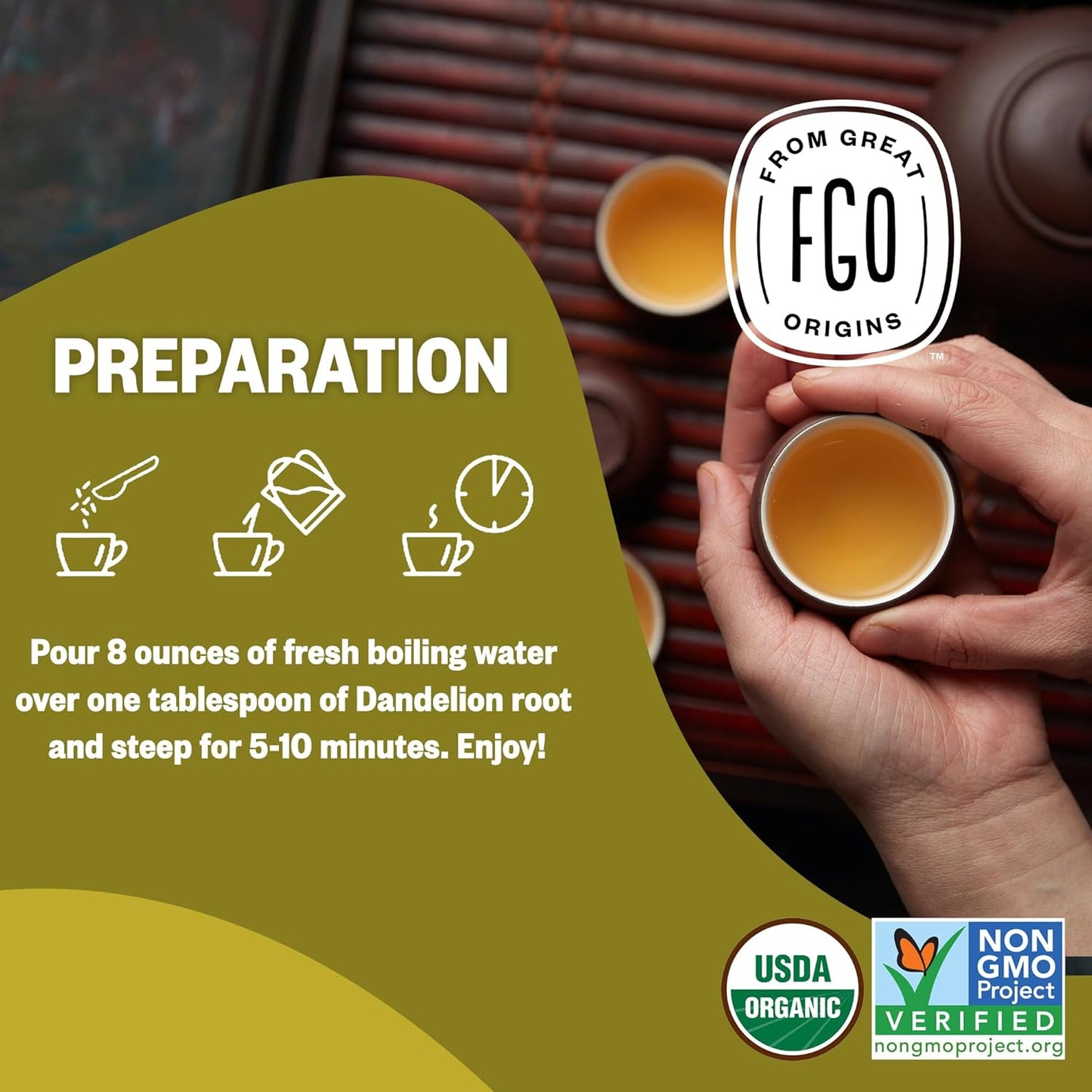 FGO Organic Dandelion Root Loose Tea, Cut and Sifted, Caffeine Free, 16oz Bulk Resealable Bag, Packaging May Vary (Pack of 1)