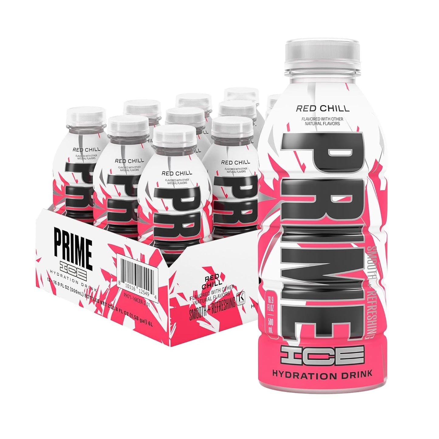 PRIME Hydration ICE RED CHILL, Sports Drinks, Electrolyte Enhanced for Ultimate Hydration, 250mg BCAAs, B Vitamins, Antioxidants, Low Sugar, 16.9 Fl Oz, 12 Pack