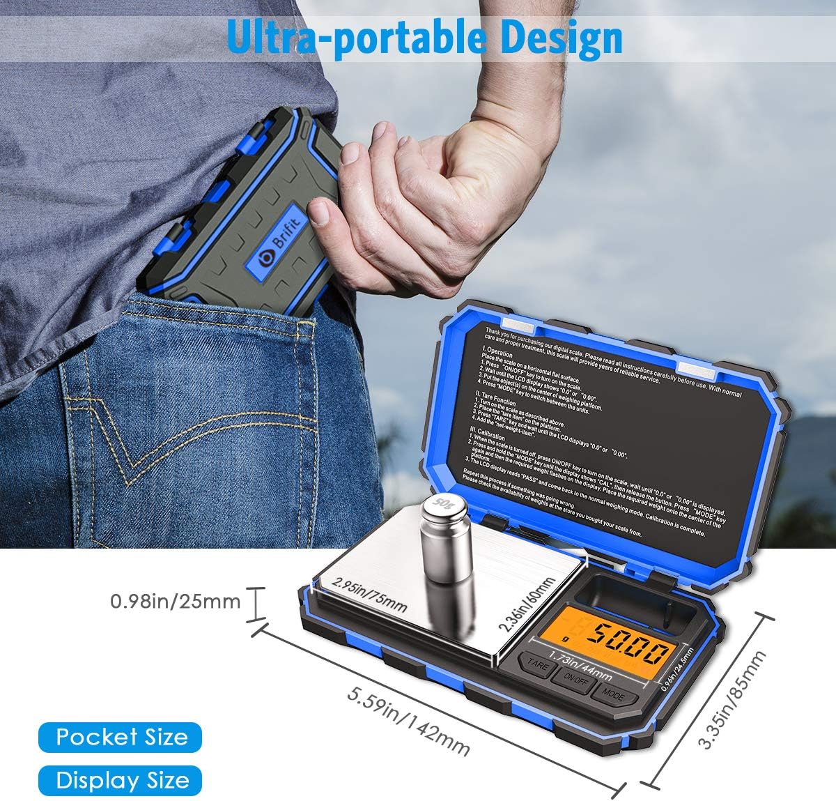 (Upgradaed) Digital Mini Scale, 200g /0.01g Pocket Scale, 50g Calibration Weight, Electronic Smart Scale, 6 Units, LCD Backlit Display, Tare, Auto Off, Stainless Steel (Battery Included)