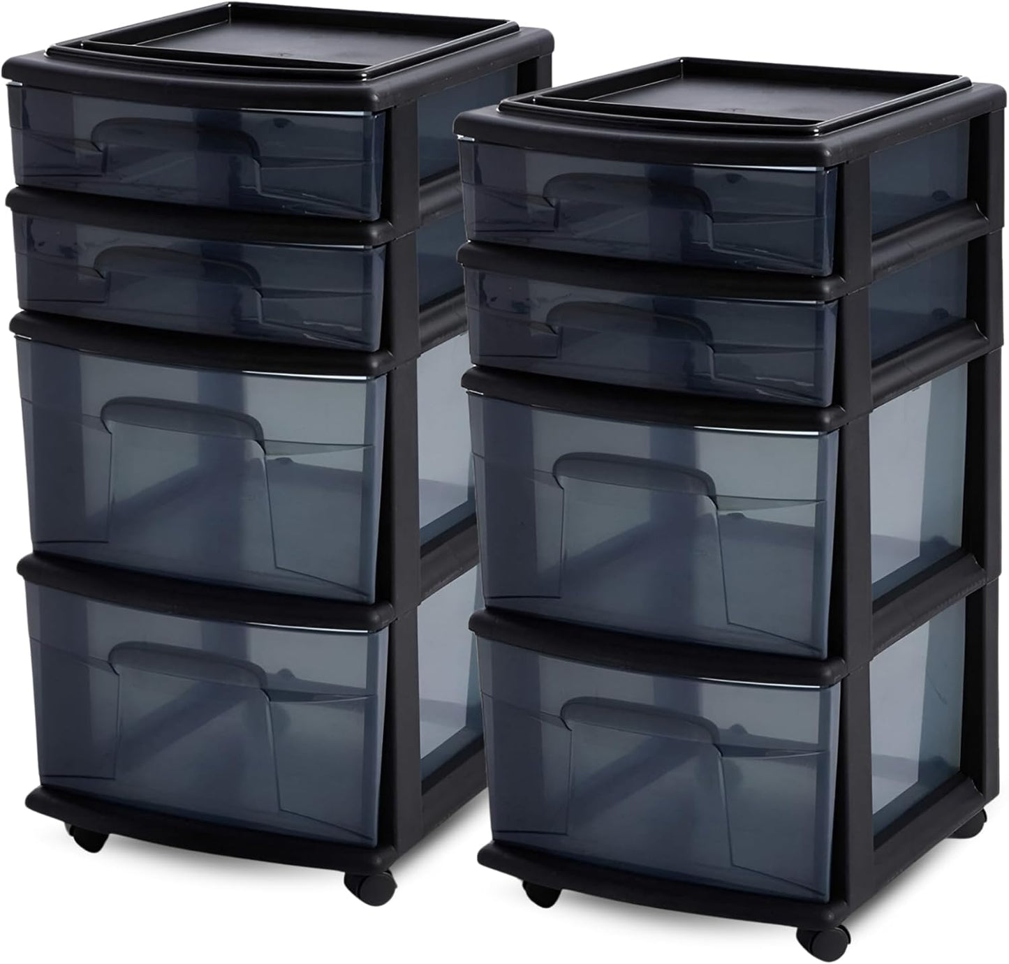 HOMZ 2-Pack Drawer Tower, 4-Tier Clear Plastic Storage Organizer Cart, Black Tint and Frame - Organizing Containers with Wheels for Home, Bathroom, Bedroom, Office, and Classroom