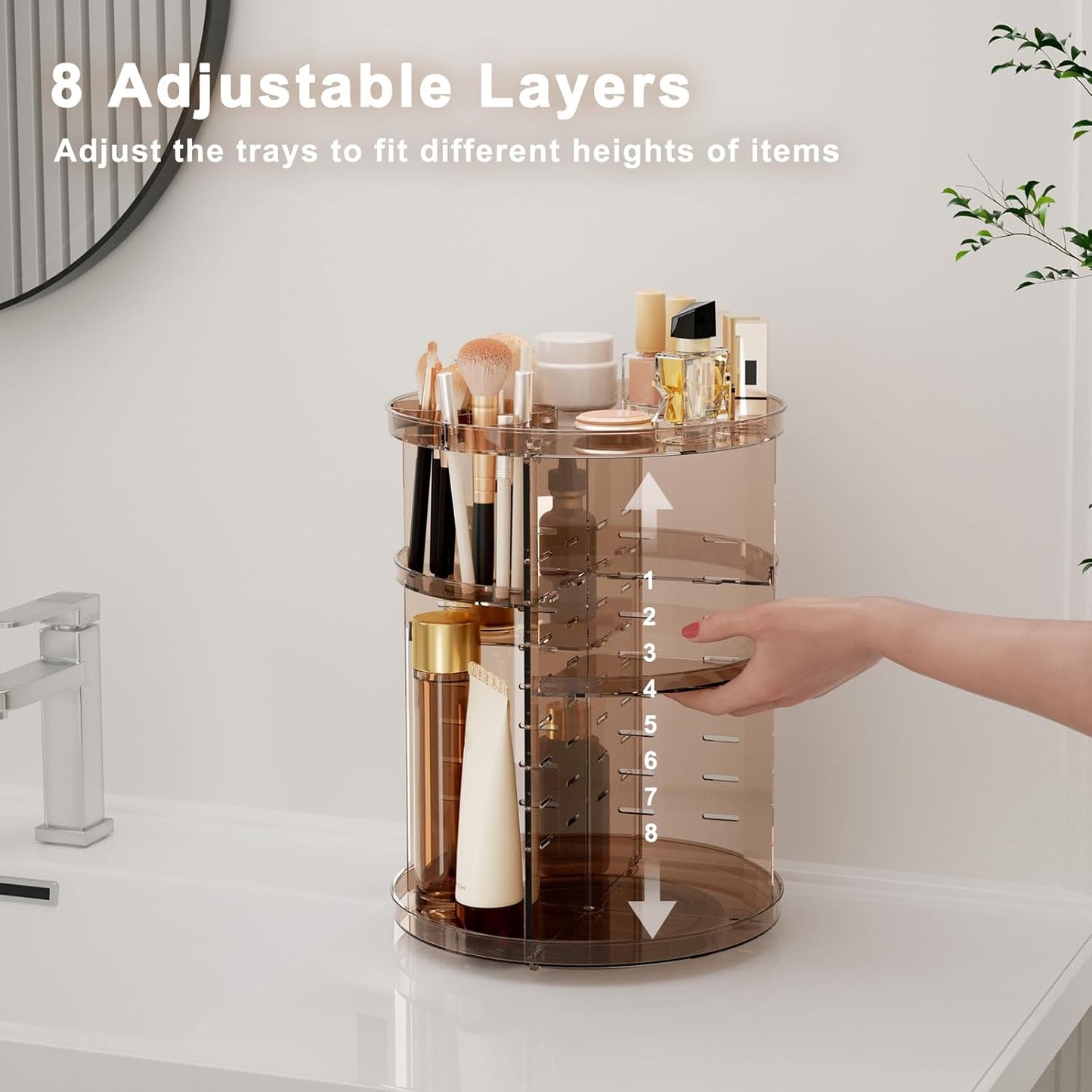 Rotating Makeup Organizer Countertop, DIY Adjustable Trays Spinning Skincare Organizers, Cosmetic Display Shelf with Perfume & Brush Holder, Multi-Function Desk Storage Carousel for Vanity Bathroom
