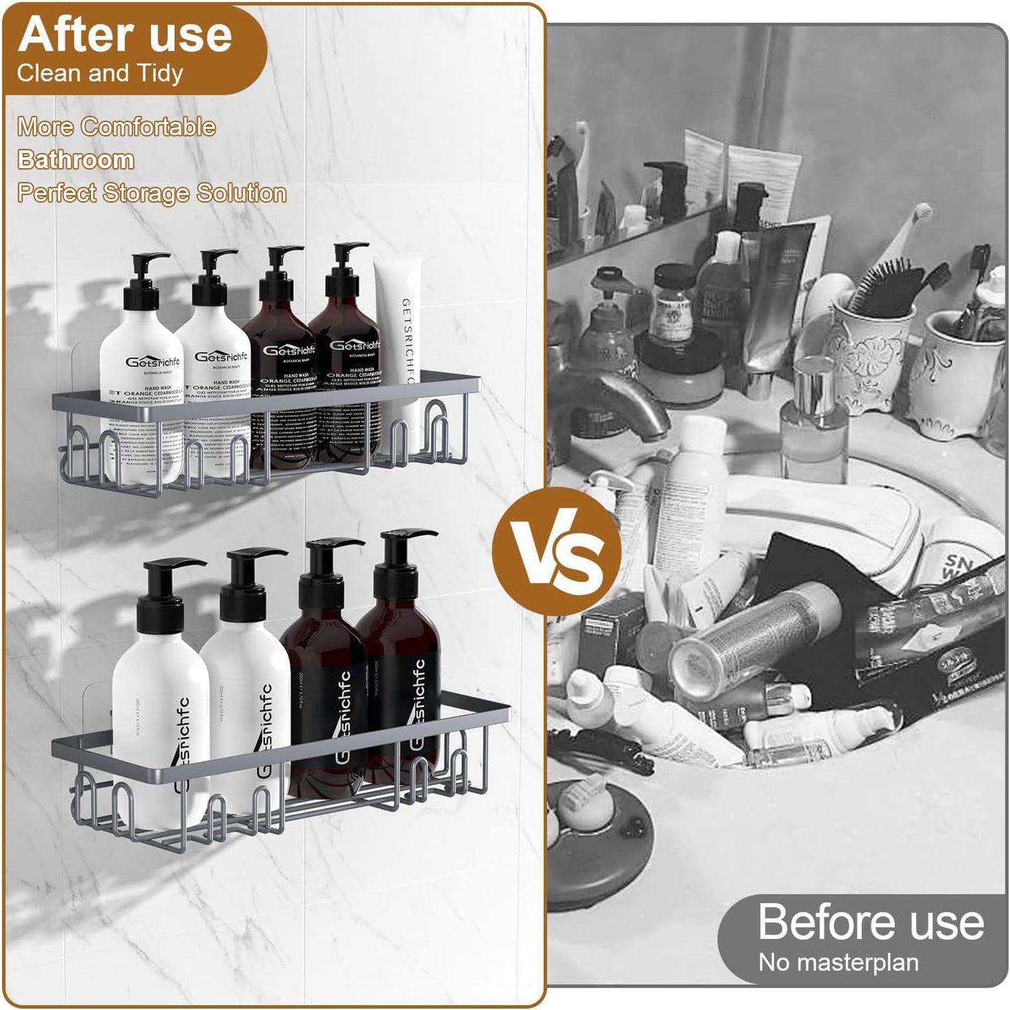 2025 New Adhesive Shower Caddy, Shower Shelves with 16 Hooks, Grey 2 Pack