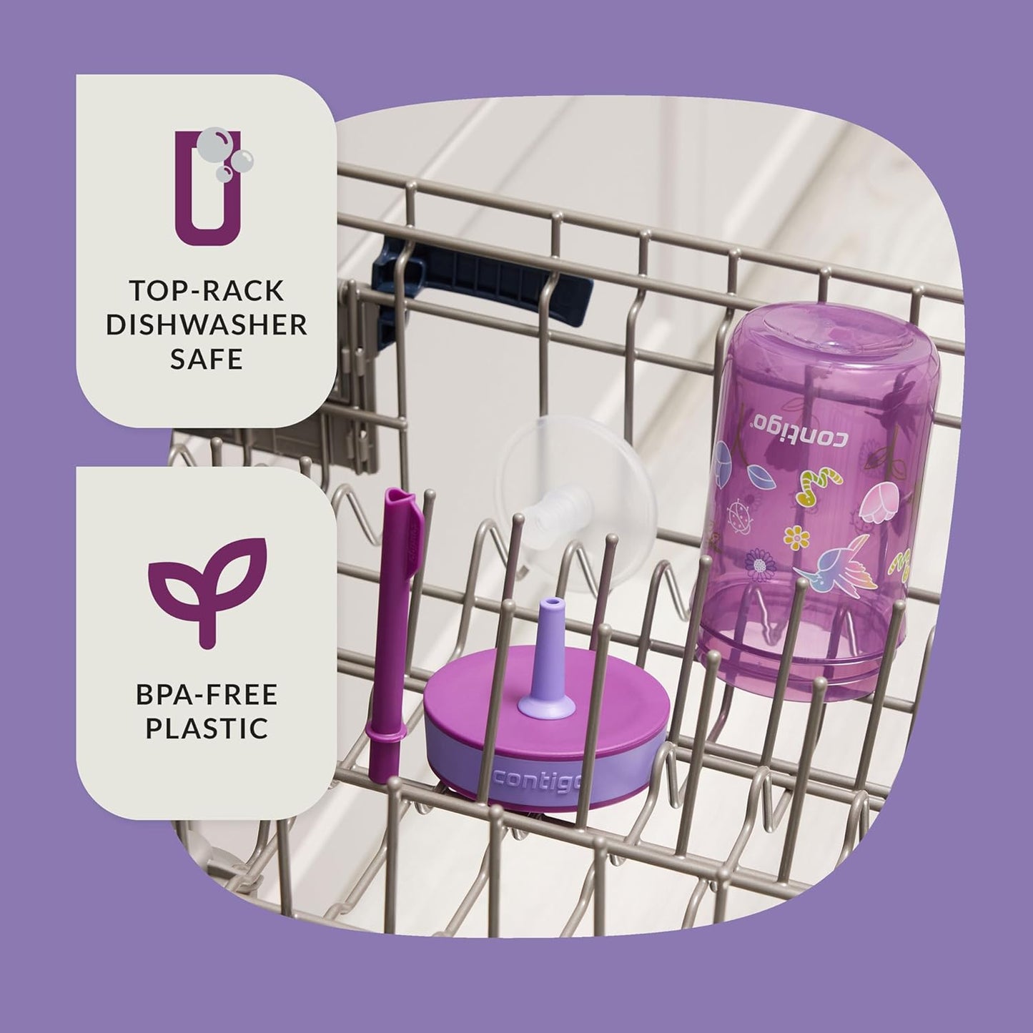 Contigo Leighton Straw Tumbler, 14 oz, Grape (Tulips)