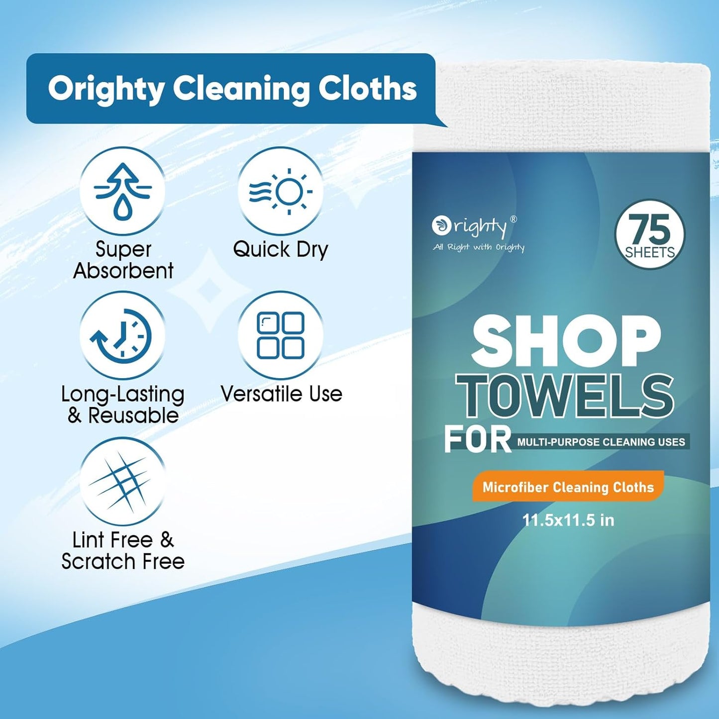 Orighty Microfiber Cleaning Cloths, 75 Sheets Shop Towels, Reusable Paper Towels Shop Rags, Washable Microfiber Towel Roll Cleaning Rags for Cars, House, Kitchen, 11.5’’ x 11.5’’, White