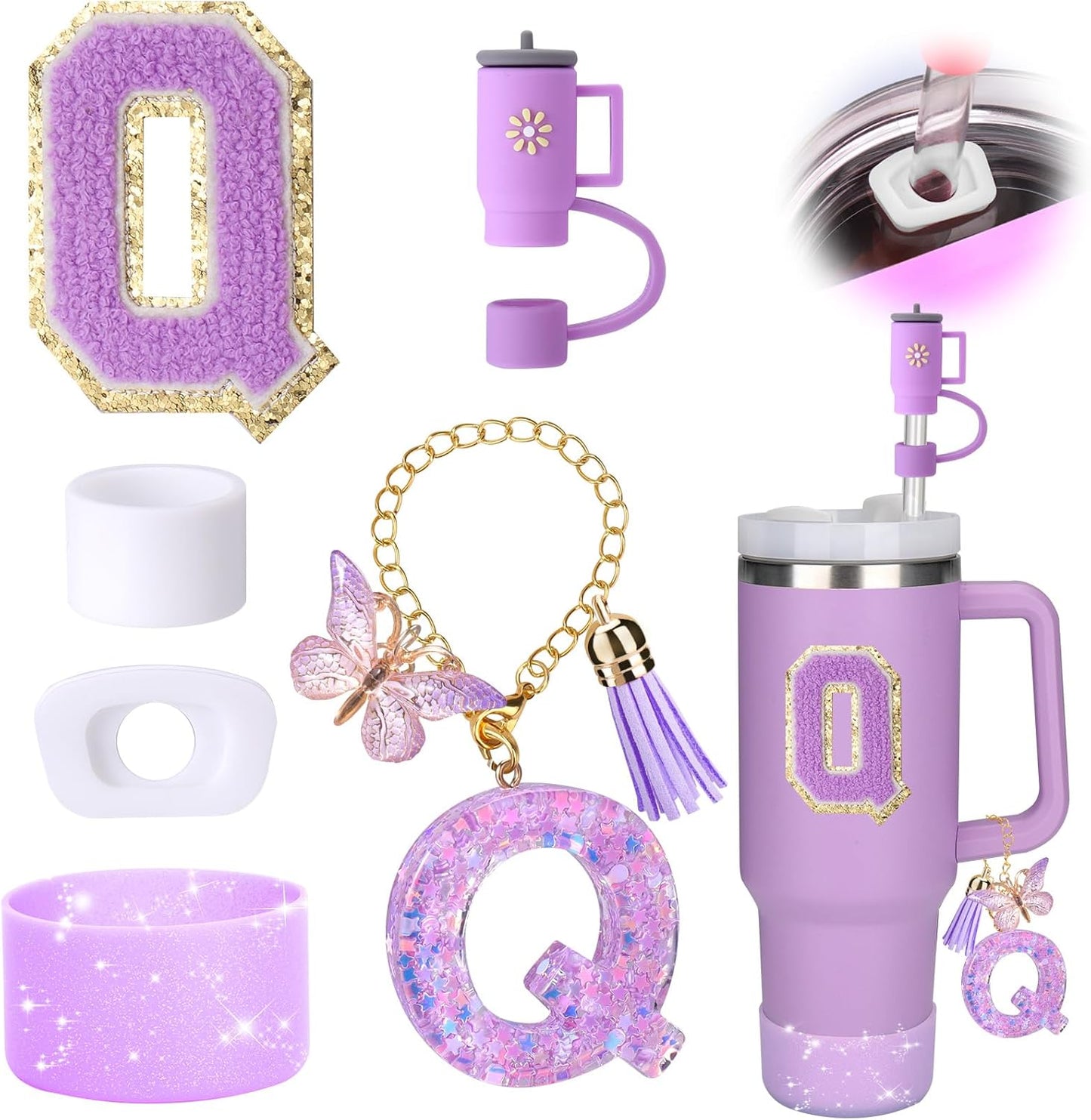Mity rain 6PCS Cup Accessories Set for Stanley Cup 30oz 40oz tumbler with handle, Including Silicone Straw Topper Cover Cap and Boot, Spill Proof Stopper, Handle Charm, Initials Sticker (Letter Q)