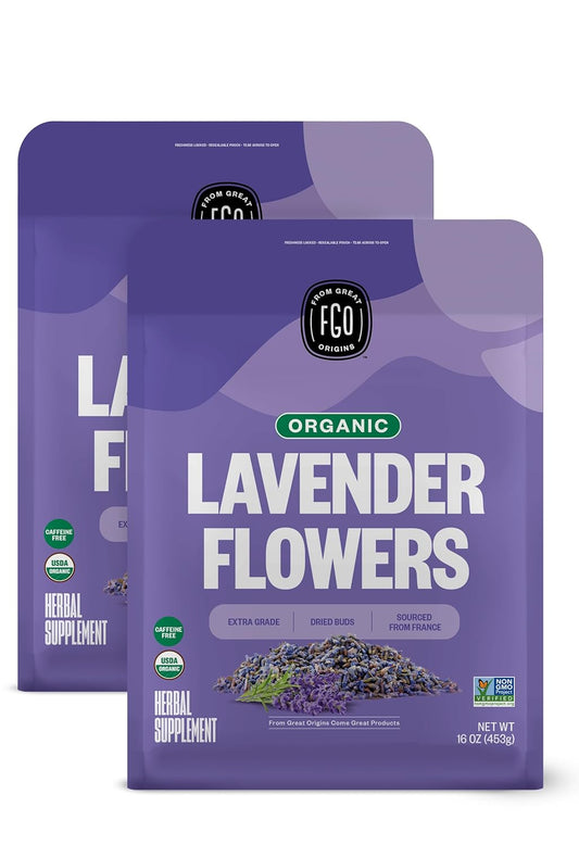 FGO Organic Dried Lavender Flowers, Extra Grade Dried Buds, Imported From France for Culinary or Sachet Bags, 16oz Bulk, Packaging May Vary (Pack of 2)