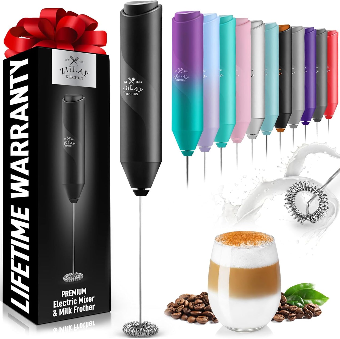 Zulay Powerful Milk Frother Wand - Mini Handheld Stainless Steel - Battery Operated Drink Mixer for Coffee, Lattes, Cappuccino, Matcha - FrothMate Gift - Black