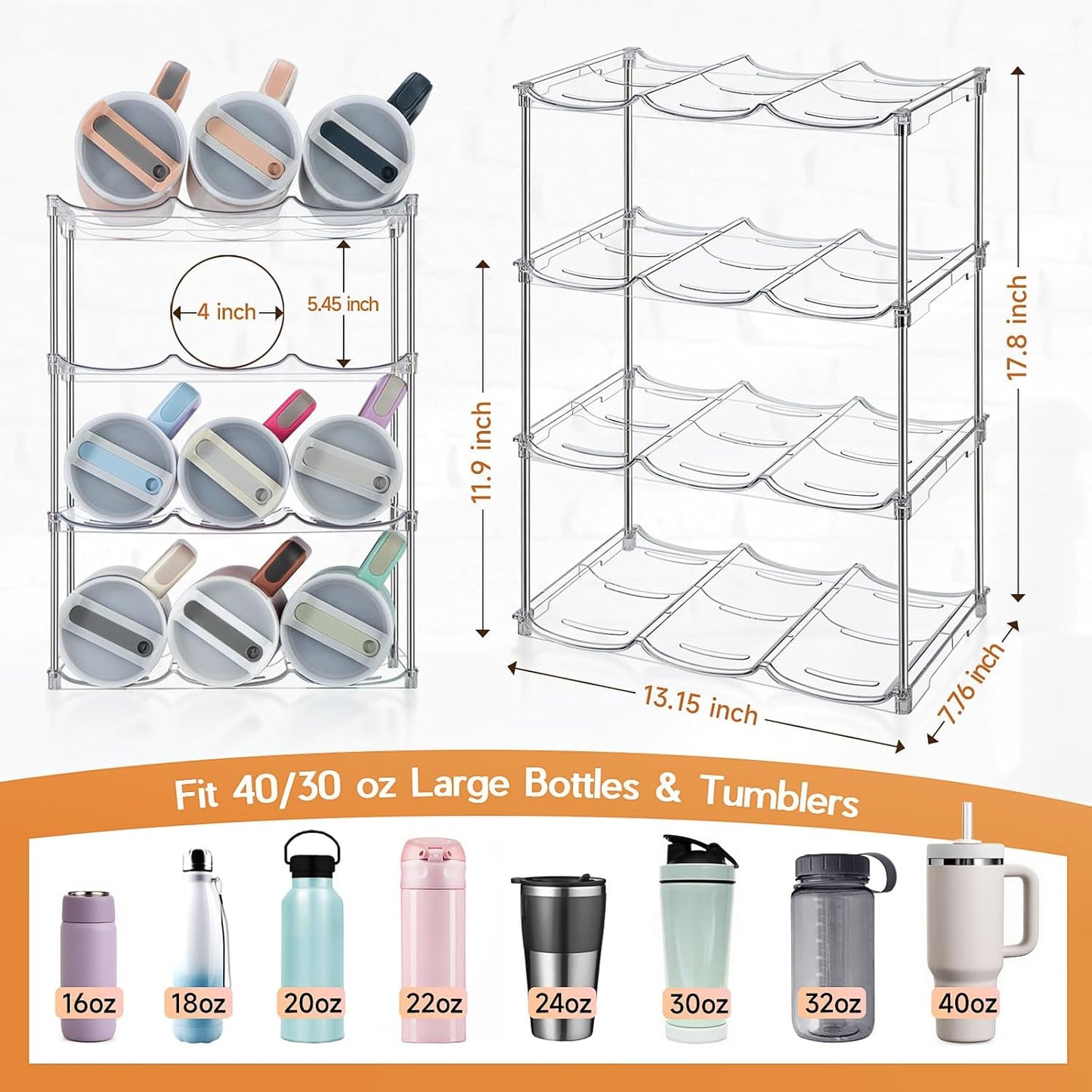 Water Bottle Organizer for Stanley 40 oz Tumbler, Stackable Tumbler Storage, 3 Pack Water Bottle Organizer for Cabinet, Pantry Kitchen Storage & Organization for Stanley Cup - Hold 9 Bottles