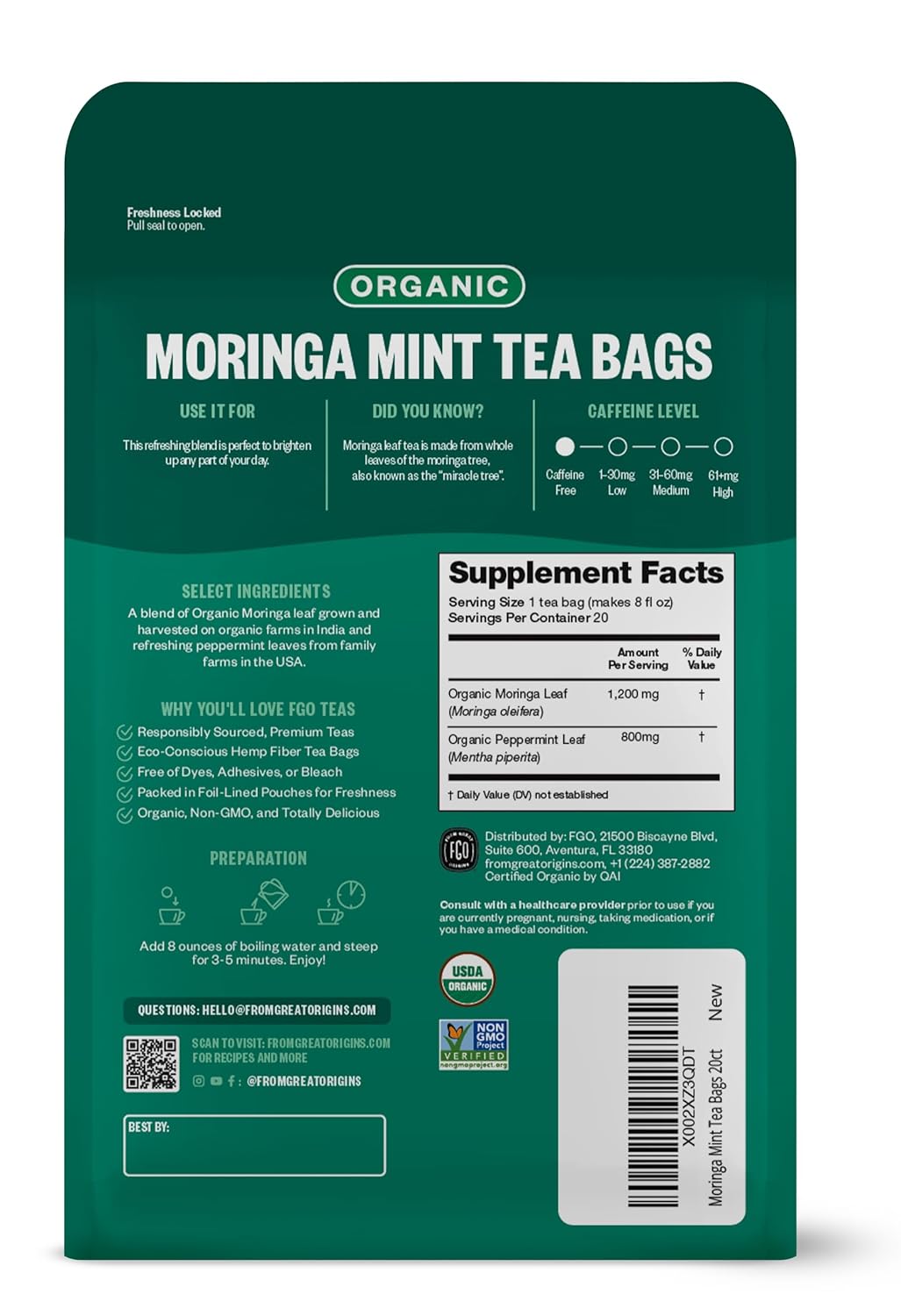 FGO Organic Moringa Mint Tea, 20 Count, Eco-Conscious Herbal Tea Bags, Resealable Bag, Caffeine Free, Packaging May Vary (Pack of 1)