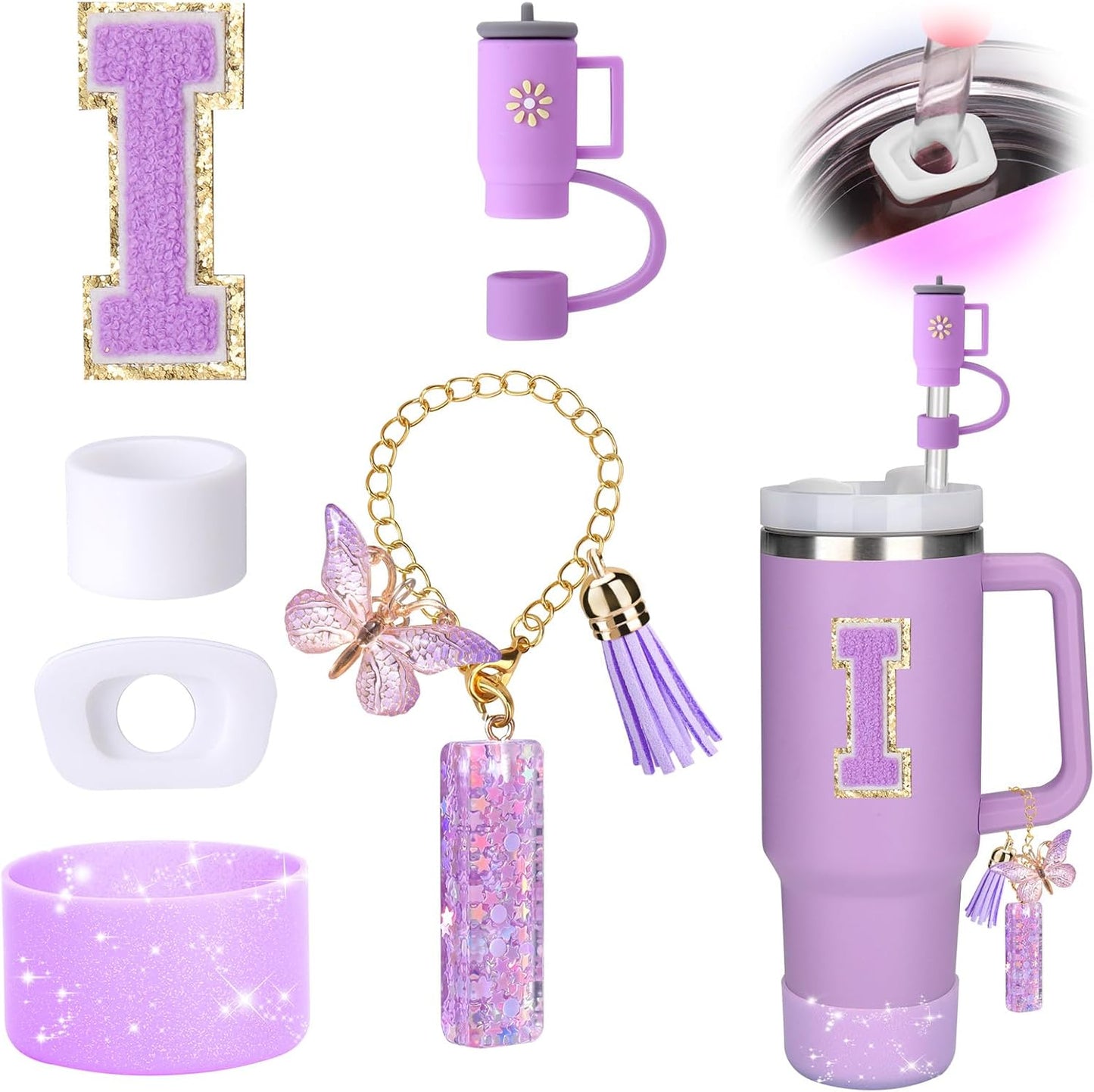 Mity rain 6PCS Cup Accessories Set for Stanley Cup 30oz 40oz tumbler with handle, Including Silicone Straw Topper Cover Cap and Boot, Spill Proof Stopper, Handle Charm, Initials Sticker (Letter I)
