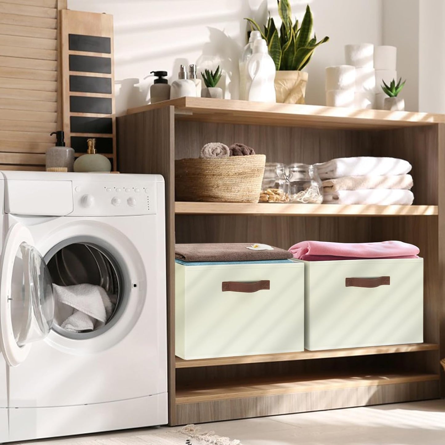 GhvyenntteS Large Fabric Storage Bins with 3 Handles, 15x11x9.6 Inch Storage Baskets for Shelves, Foldable Closet Storage Bins for Shelves, Closet Organizers and Storage Boxes, Beige