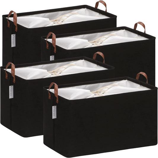 Hinwo 70L Extra Large Storage Bins, 4-Pack Closet Organizers and Storage, Foldable Clothes Storage Baskets with Handles, Containers for Clothing, Blanket, Comforters, Toys, Bedding (Black)