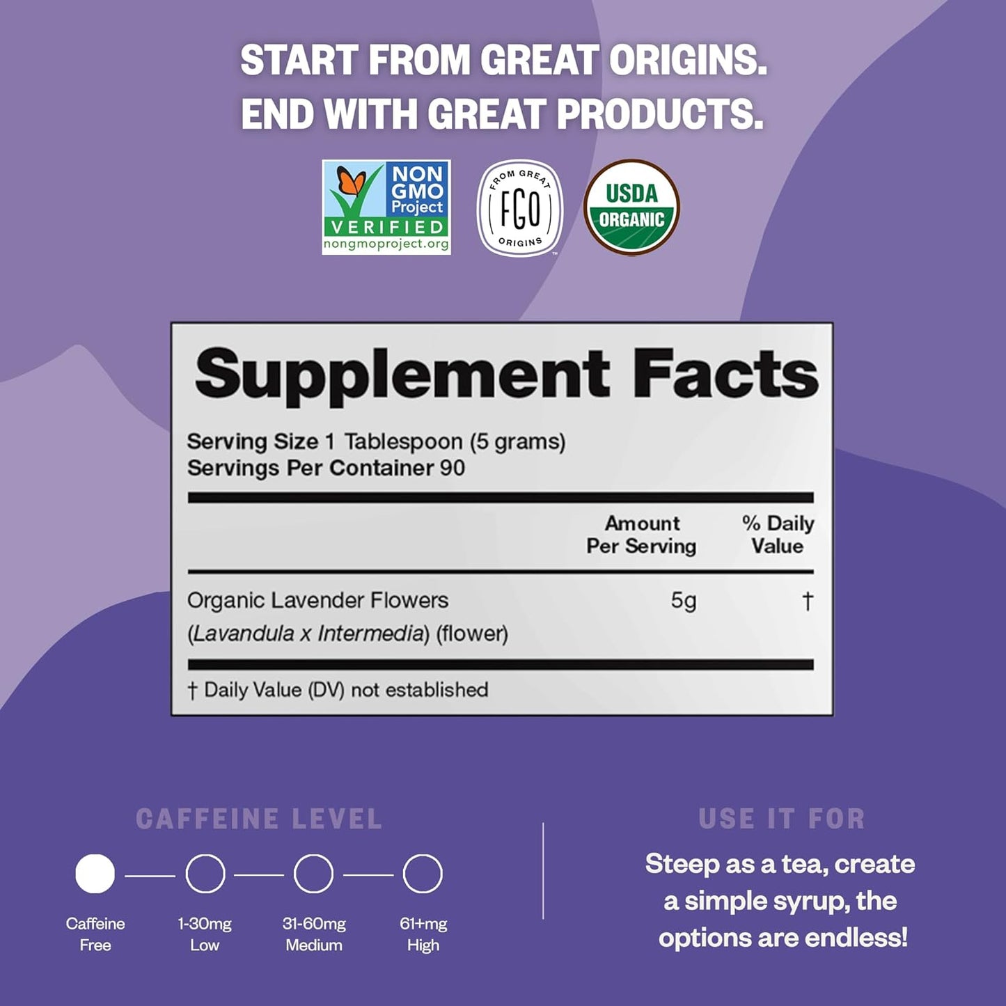 FGO Organic Dried Lavender Flowers, Extra Grade Dried Buds, Imported From France for Culinary or Sachet Bags, 4oz, Packaging May Vary (Pack of 1)