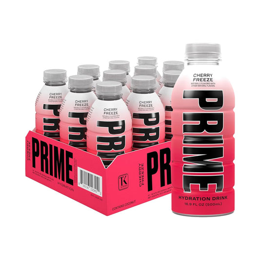 PRIME Hydration CHERRY FREEZE, Sports Drinks, Electrolyte Enhanced for Replenishing Fluids, 250mg BCAAs, B Vitamins, Antioxidants, Low Sugar, 16.9 Fl Oz, 12 Pack