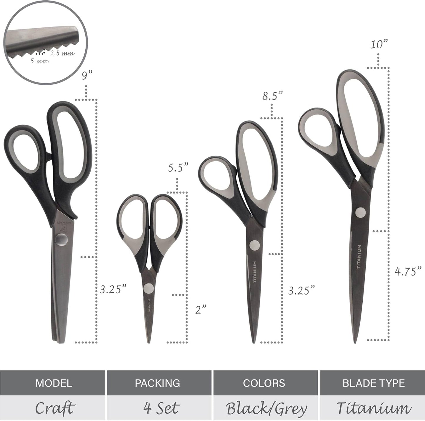 BambooMN Titanium Softgrip Scissors Set - Pinking, Sewing, Arts, Crafts, Office - 10 Sets of 4 - Black w/Grey Inlays