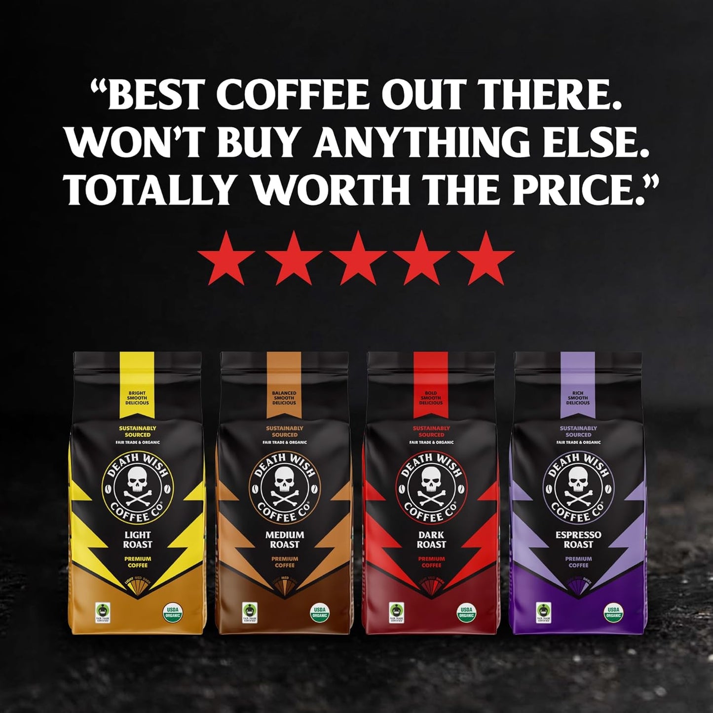 Death Wish Coffee Whole Bean Dark Roast - USA Organic Coffee Beans - Fair Trade Arabica & Robusta Coffee Beans - Dark Roast Coffee Beans (80 oz.)