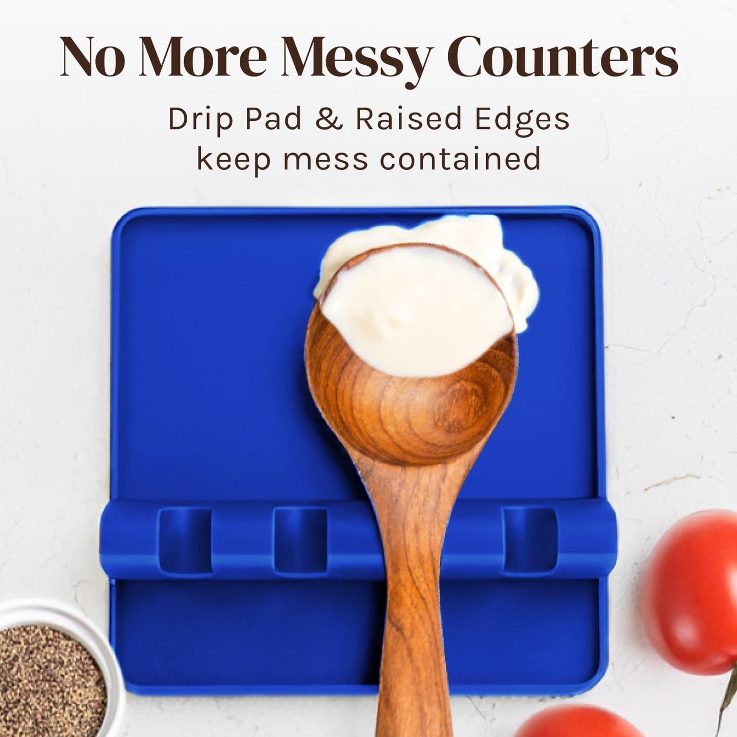 Blue Silicone Spoon Rest for Stove Top with Drip Pad (Two Pack) - Heat Resistant BPA Free Utensil Rest & Spoon Holder for Kitchen Counter - Grill Utensil Holder - Spatula Holder, Tongs, Ladle