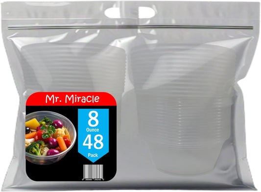 Mr Miracle 8OZ Deli Containers with Lids - 48 Pack of 8 oz Clear Airtight Reusable Plastic Food and Multi-Purpose Deli Containers - Microwave, Freezer, and Dishwasher Safe