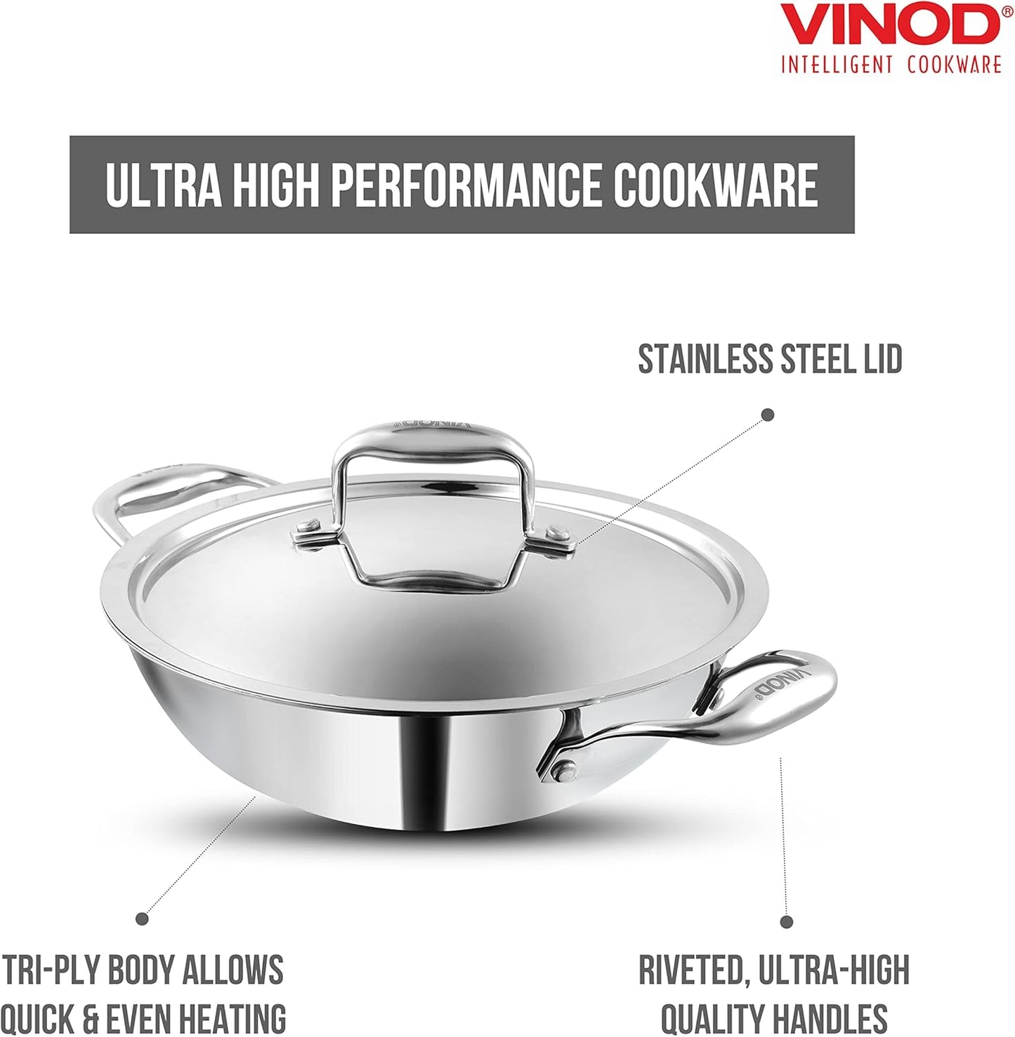 Vinod Platinum Triply Stainless Steel Kadai with Lid | Size: 28CM - 3.7L