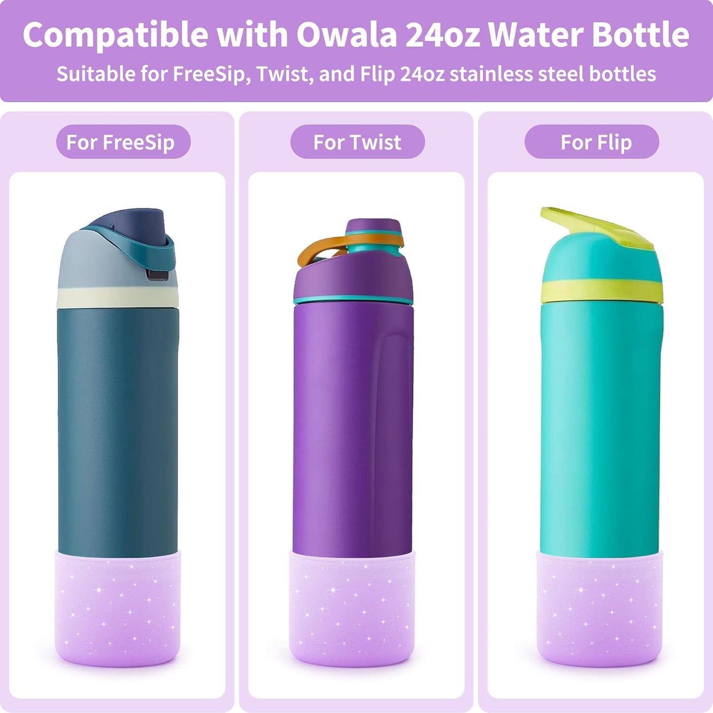 Silicone Water Bottle Boot for Owala 24 oz 32 oz 40 oz, Anti-Slip Protective Sleeve for Owala Twist & FreeSip & Flip Stainless Steel Water Bottle, Boot Bottom Base(Glitter Purple)