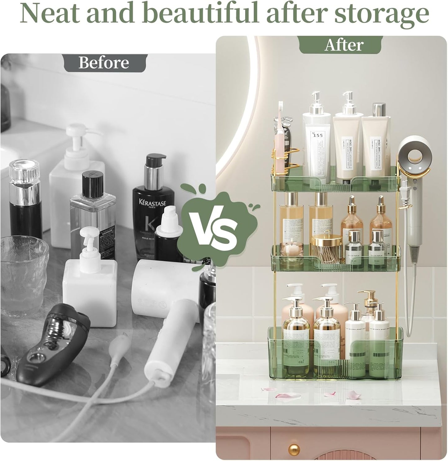 3 Tier Glam Bathroom Counter Organizer with Hair Dryer Holder, Cosmetics & Skincare Shelf, Makeup Organizer, Perfume Tray (Green)