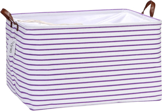 Hinwo 70L Extra Large Storage Bins, Closet Organizers and Storage, Foldable Clothes Storage Baskets with Handles, Containers for Clothing, Blanket, Comforters, Toys, Bedding (Purple Stripe)