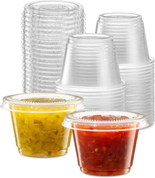 {2.5 oz - 100 Sets} Clear Diposable Plastic Portion Cups With Lids, Small Mini Containers For Portion Controll, Jello Shots, Meal Prep, Sauce Cups, Slime, Condiments, Medicine, Dressings, Crafts, Disposable Souffle Cups & Much more