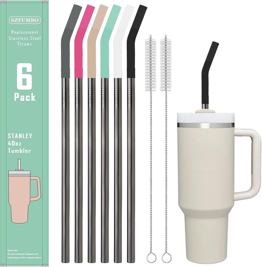 6 PCS 12Inch Metal Stainless Steel Reusable Straight Straw,with 6 Silicone Flex Tips and 2 Cleaning Brush,for 40oz Stanley, Hydrapeak, Owala Tumbler,Simple Modern 32 40oz Tumbler(8mm Black)