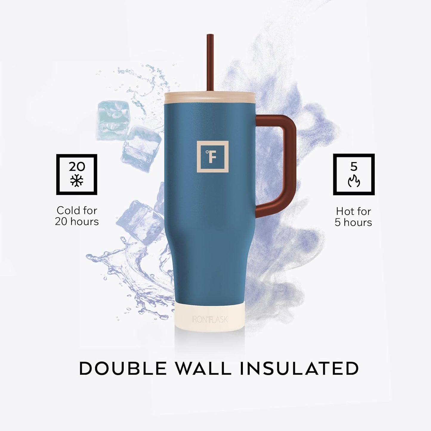 IRON °FLASK Co-Pilot Insulated Mug w/Boot, Straw & Flip Cap Lids - Cup Holder Bottle for Hot, Cold Drink - Leak-Proof - Water, Coffee Portable Travel Mug - Cream & Berries, 40 Oz