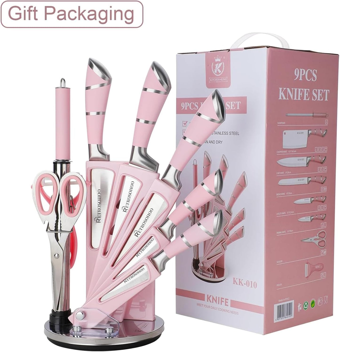 Kitchen Knife Set, Retrosohoo 9-Pieces Pink Sharp Non-Stick Coated Chef Knives Block Set,Stainless Steel Knife Set for Kitchen with Sharpener for Cutting Slicing Dicing Chopping (Pink)