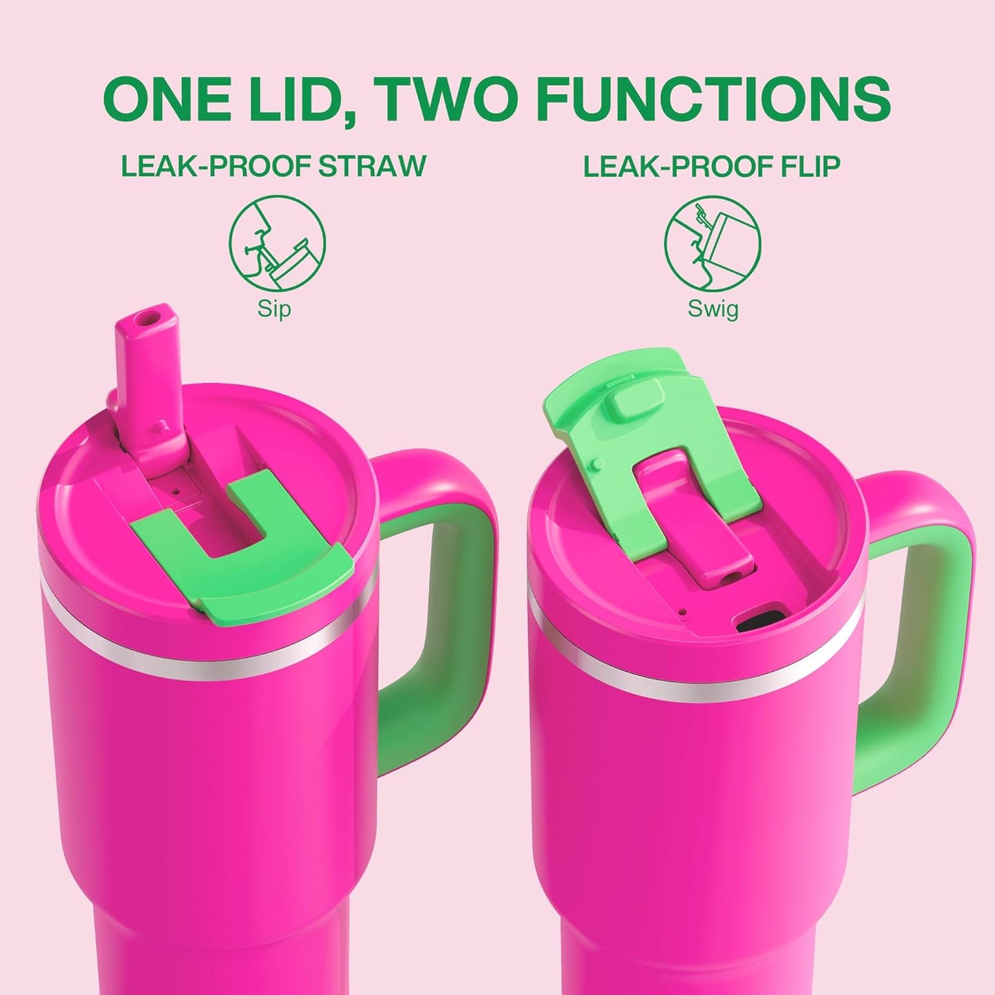 40 oz Tumbler with Handle and Straw: Stainless Steel Insulated Tumbler Keeps Cold for 24 Hours, Leakproof Travel Cup Fits in Cup Holder and BPA-Free,Knockout Pink