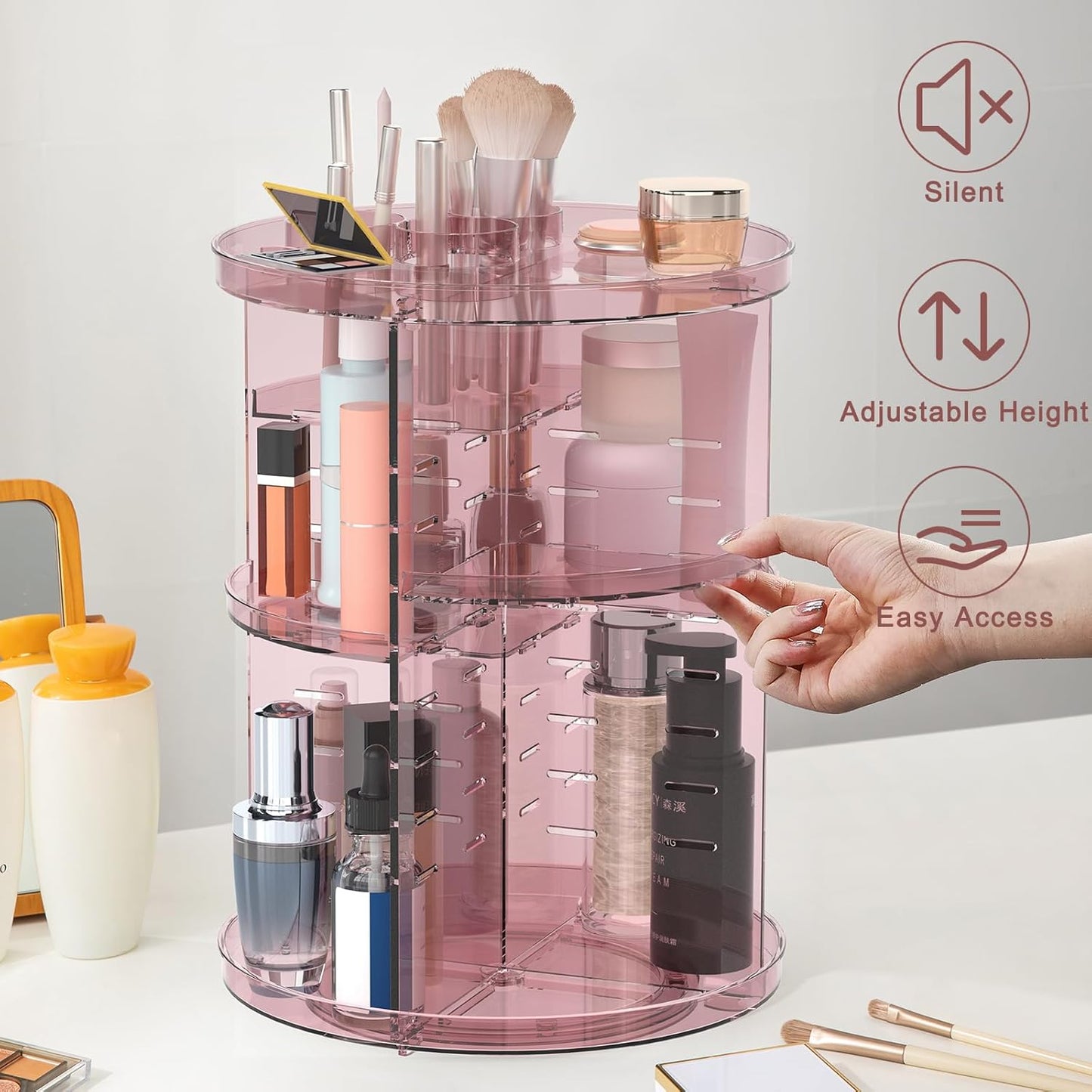 Rotating Makeup Organizer, DIY 8 Adjustable Layers 360 Spinning Skincare Organizers, Makeup Storage Carousel Tower with Brush Holder & Perfume Trays, Cosmetic Display Case for Vanity Bathroom