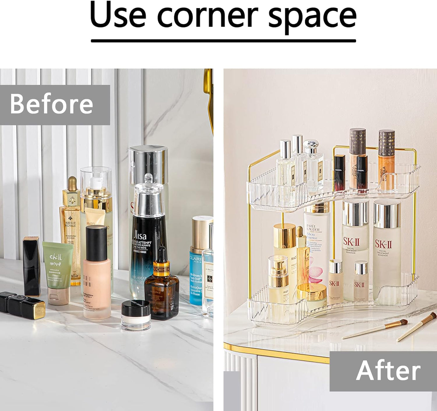 2-Tier Corner Bathroom Counter Organizer – Classic Storage Shelf for Makeup, Perfume & Toiletries, Space-Saving Countertop Tray Fits Bathroom, Dresser, Kitchen (Classic White)