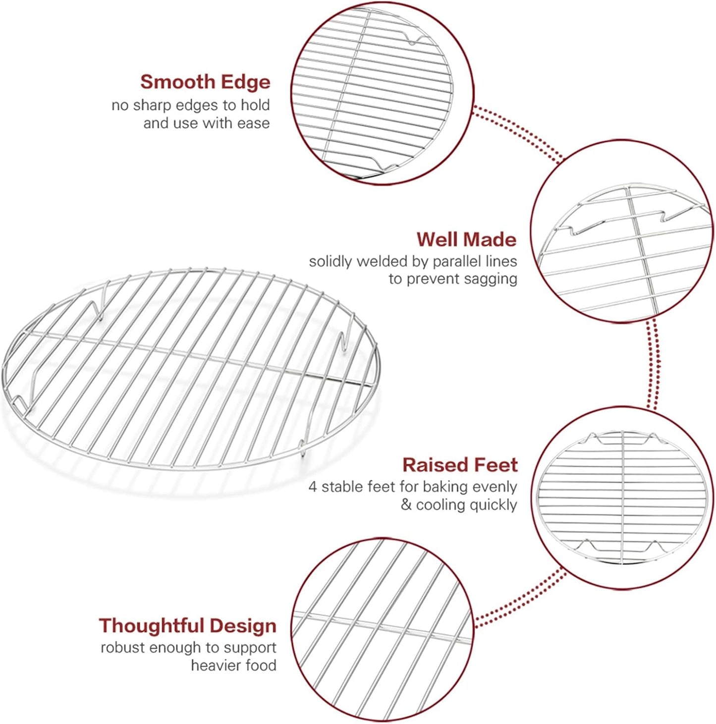 TeamFar Round Cooling Rack Set of 2, 10½ Inch Round Wire Baking Steaming Roasting Rack Set Stainless Steel, Healthy & Mirror Finish, Oven & Dishwasher Safe