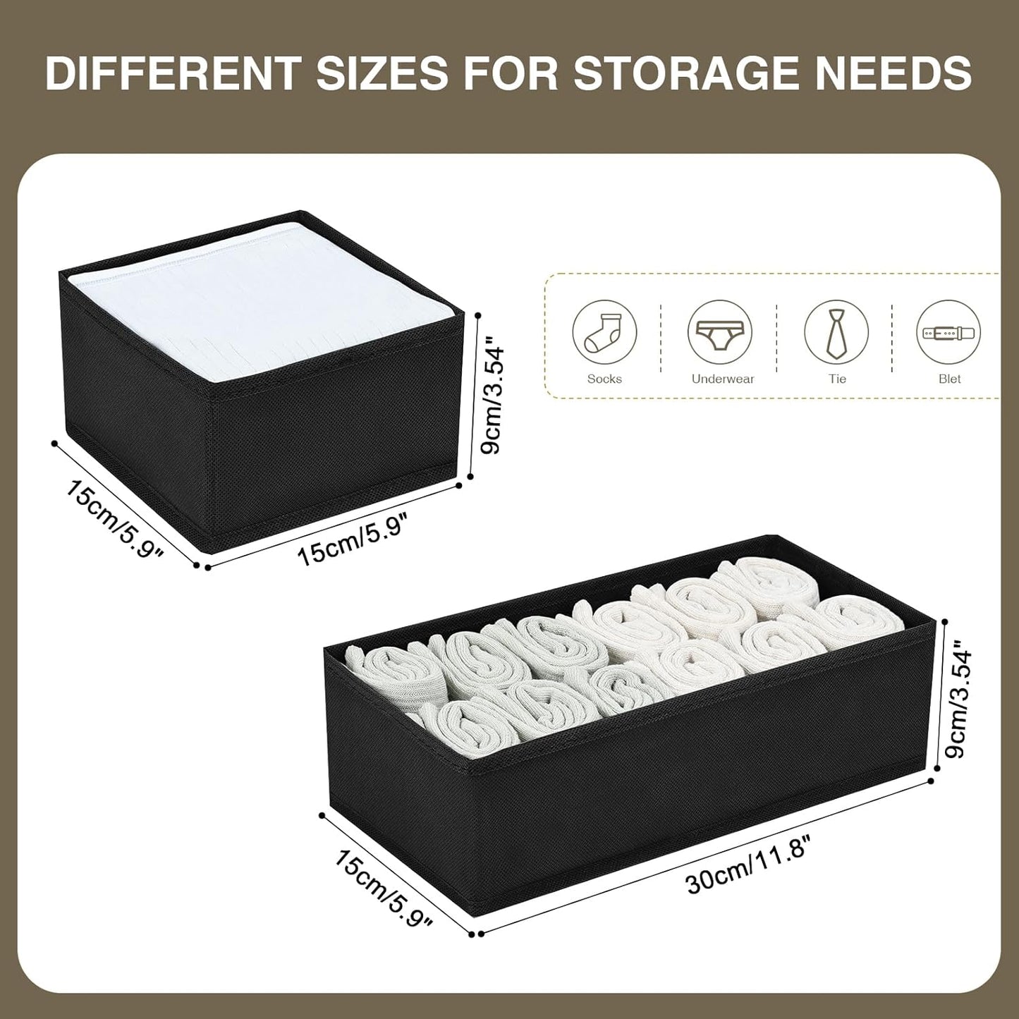 DIMJ Drawer Organizers - Set of 4 Foldable Closet Dividers for Baby Clothes, Socks, Belt, Tie (Black)