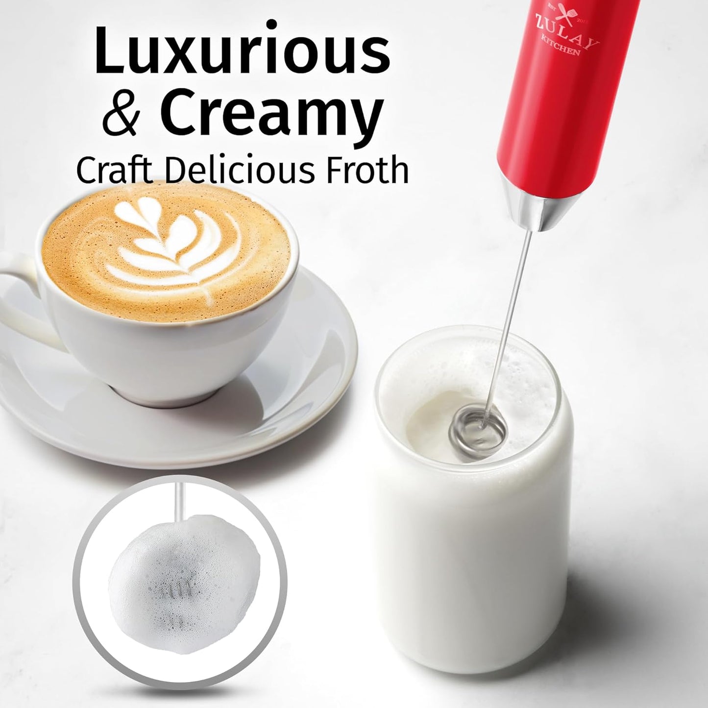 Zulay Kitchen Lux Rechargeable Milk Frother Handheld - Powerful 2-Speed Motor, Fully Waterproof, 2000mAh Battery - Drink Mixer For Latte, Cappuccino, Matcha, Protein Powder - Red