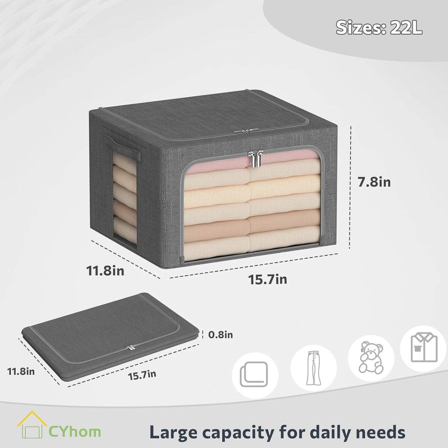 CYhom Clothes Storage Bins Box - Linen Fabric Foldable Stackable Container Organizer Set with Clear Window & Carry Handles & Metal Frame - 2Pack Large Capacity for Bedding, Blankets, Books