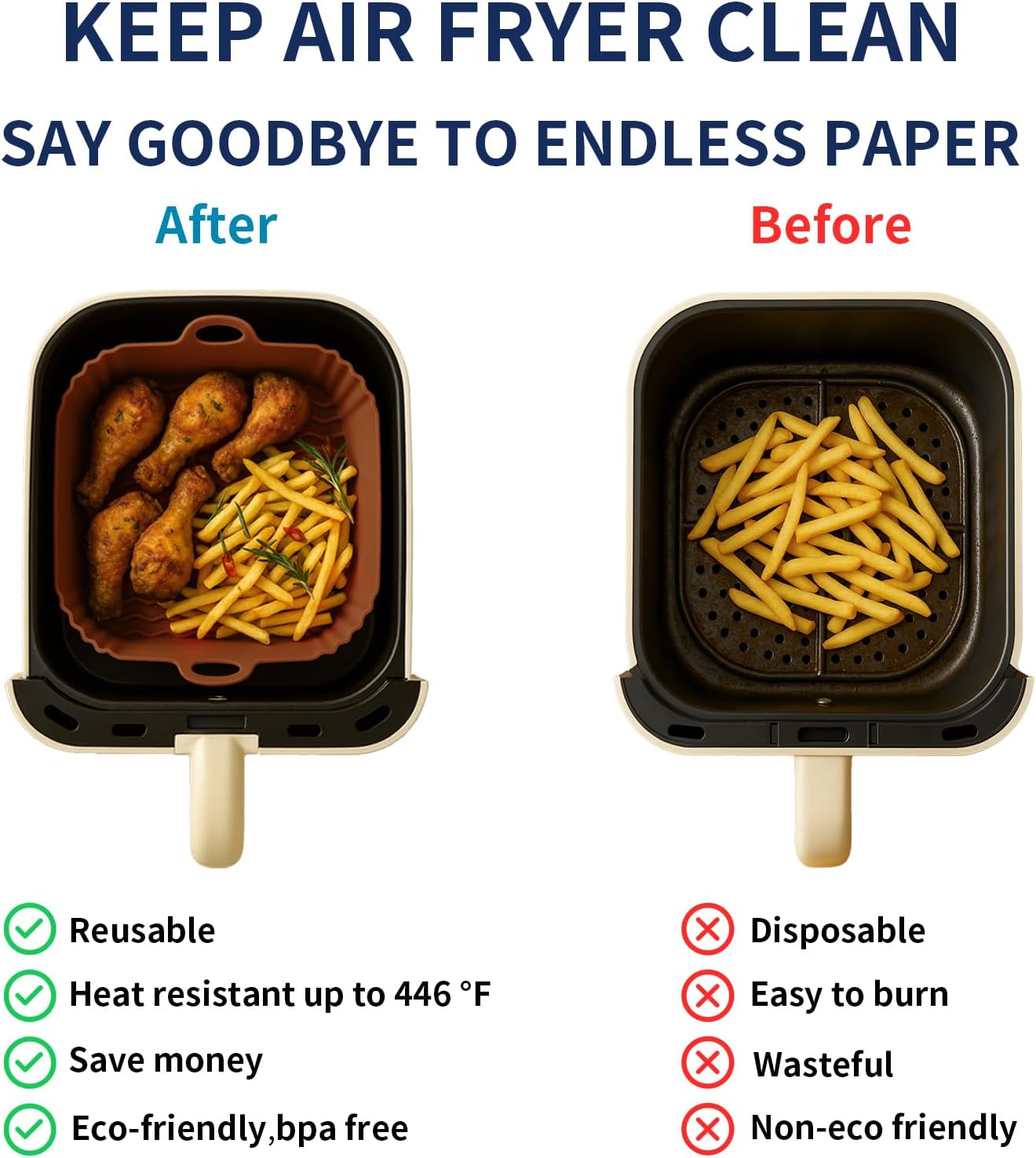 9 Inch Large Air Fryer Silicone Liners - 2 PCS Square Reusable AirFryer Basket Liners for 5-8QT Air fryer, Air fryer Accessories for Baking Roasting Microwave (Black + Brown)