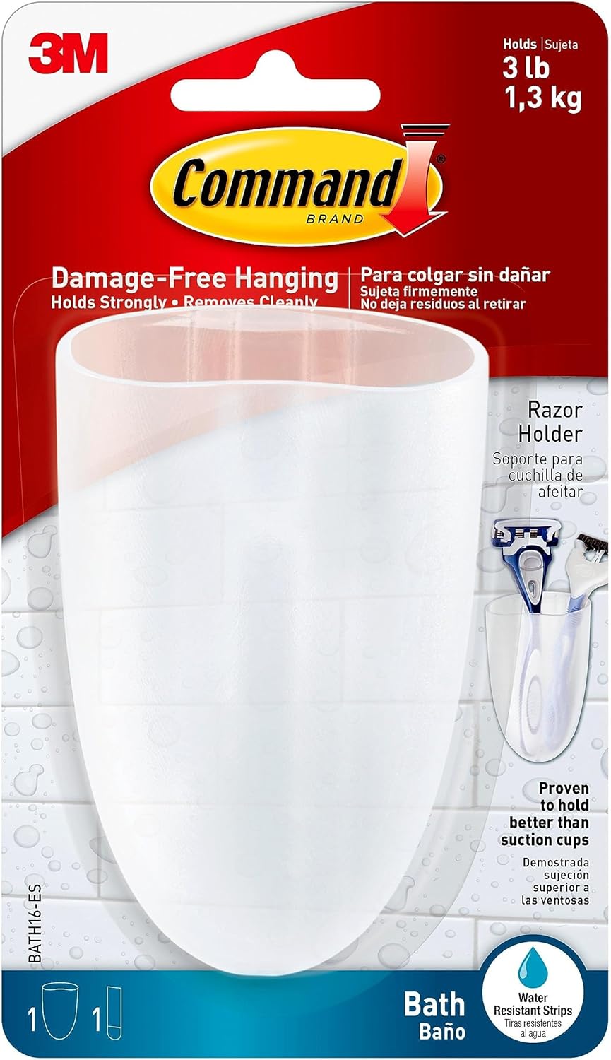 Command Razor Holder, Holds up to 3 lb, Clear Frosted, 4" x 2.5" x 1.5" 1 Holder with 1 Medium Water-Resistant Command Strip, Damage Free Bathroom Organization for Razors or Toothbruses