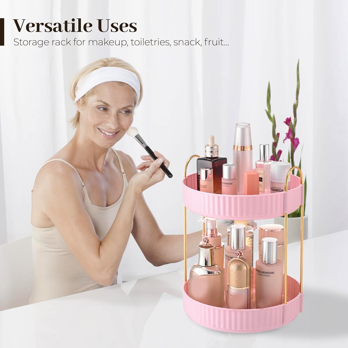 Aveniee 360 Rotating Makeup Organizer for Vanity, Skincare Perfume Organizers, Bathroom Countertop Organizer and Storage, Clear Cosmetics Lipstick Holder for Dresser,2 Tiers, Pink