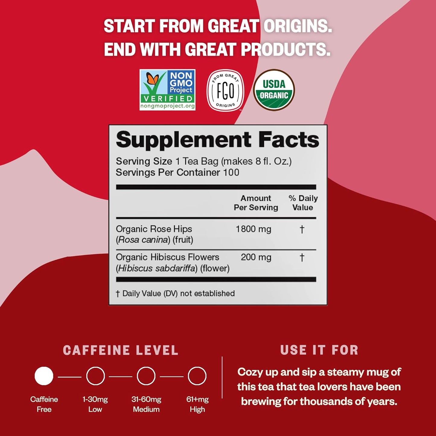 FGO Organic Rosehips Tea, Eco-Conscious Tea Bags, 100 Count, Packaging May Vary (Pack of 1)