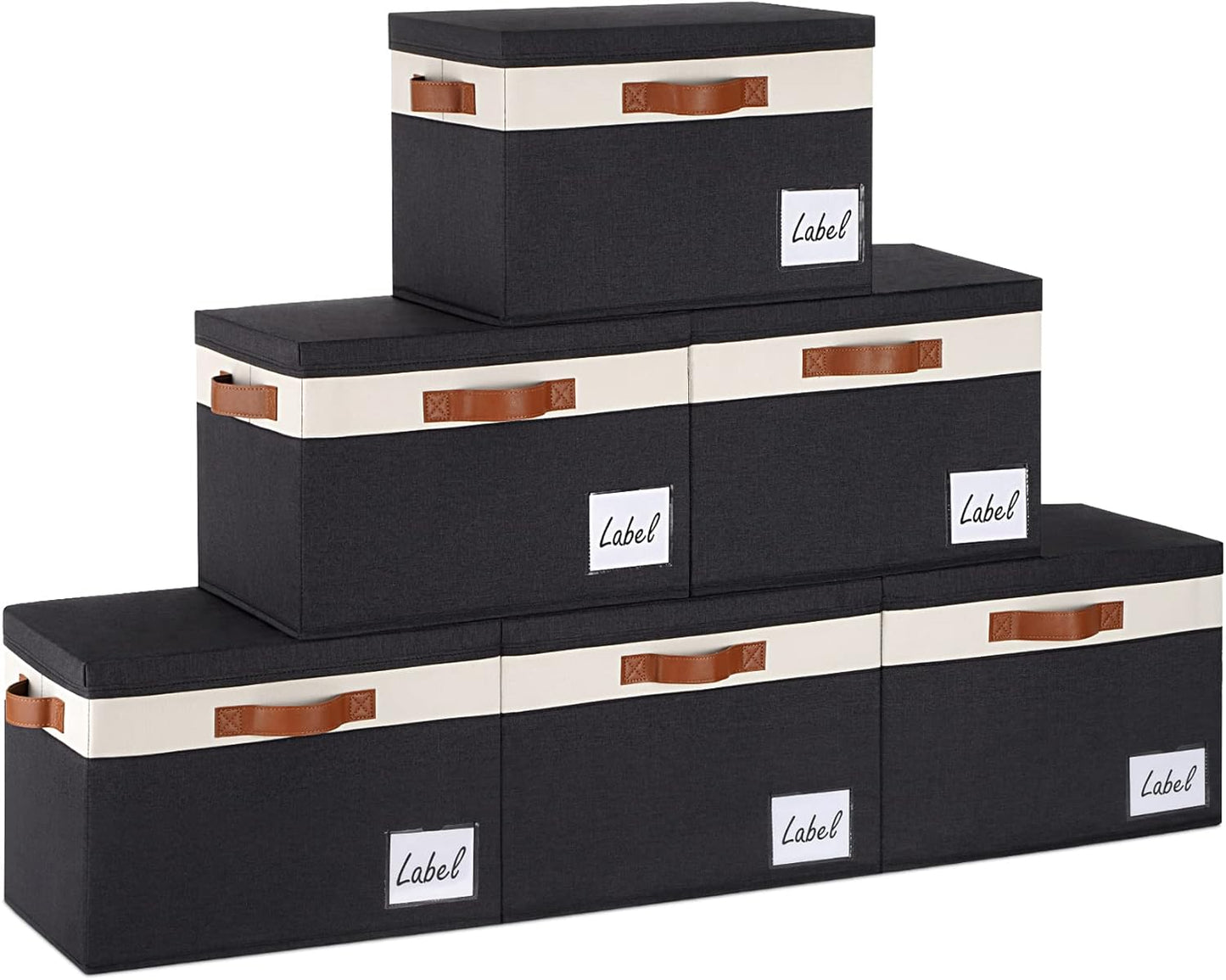 GhvyenntteS Extra Large Storage Bins with Lids, Foldable Fabric Storage Boxes with Lids and 3 Leather Handles, Storage Baskets with Label Window (6 Pack, Black, 15.75" x 11.8" x 10.2")