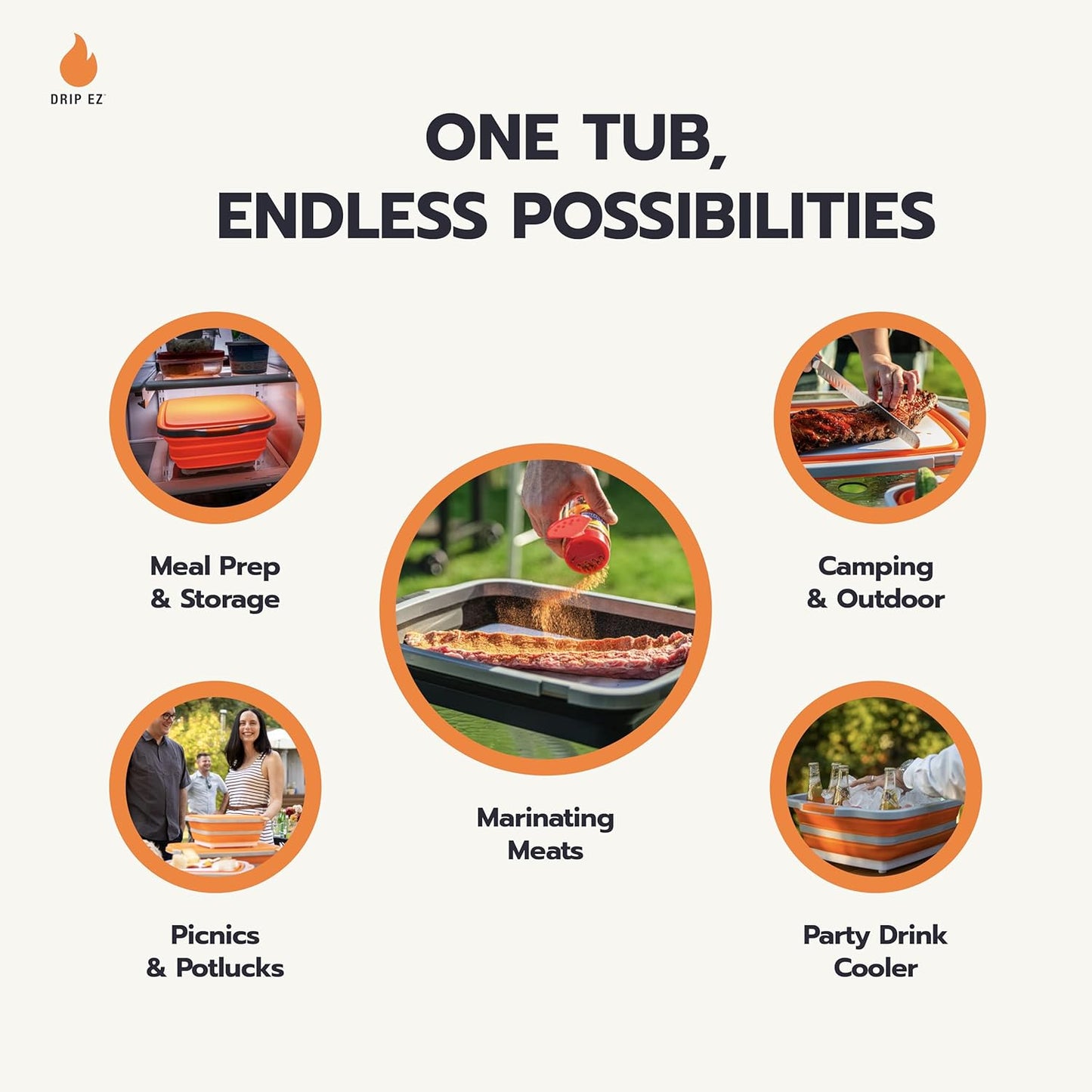 Drip EZ Collapsible BBQ Prep Tub - For Meal Prep, Marinating, Food Storage - Includes Cutting Board & Locking Lid - (1) OG - Sandstone