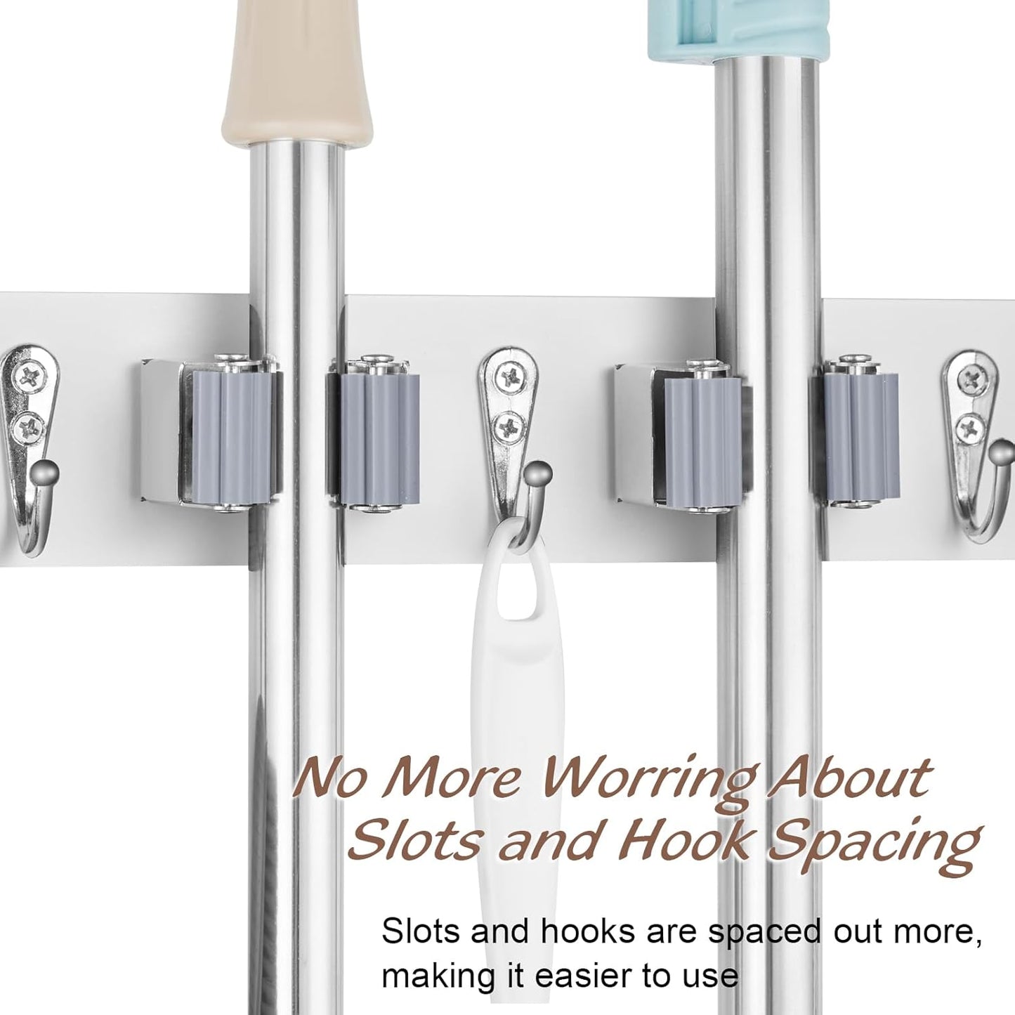 White Mop Broom Holder Wall Mount with 4 Slots & 4 Hooks - Wood Broom Mop Hanger for Pantry Closet Laundry Room Organization - Heavy Duty Garden Tool Organizer - White Kitchen Decor