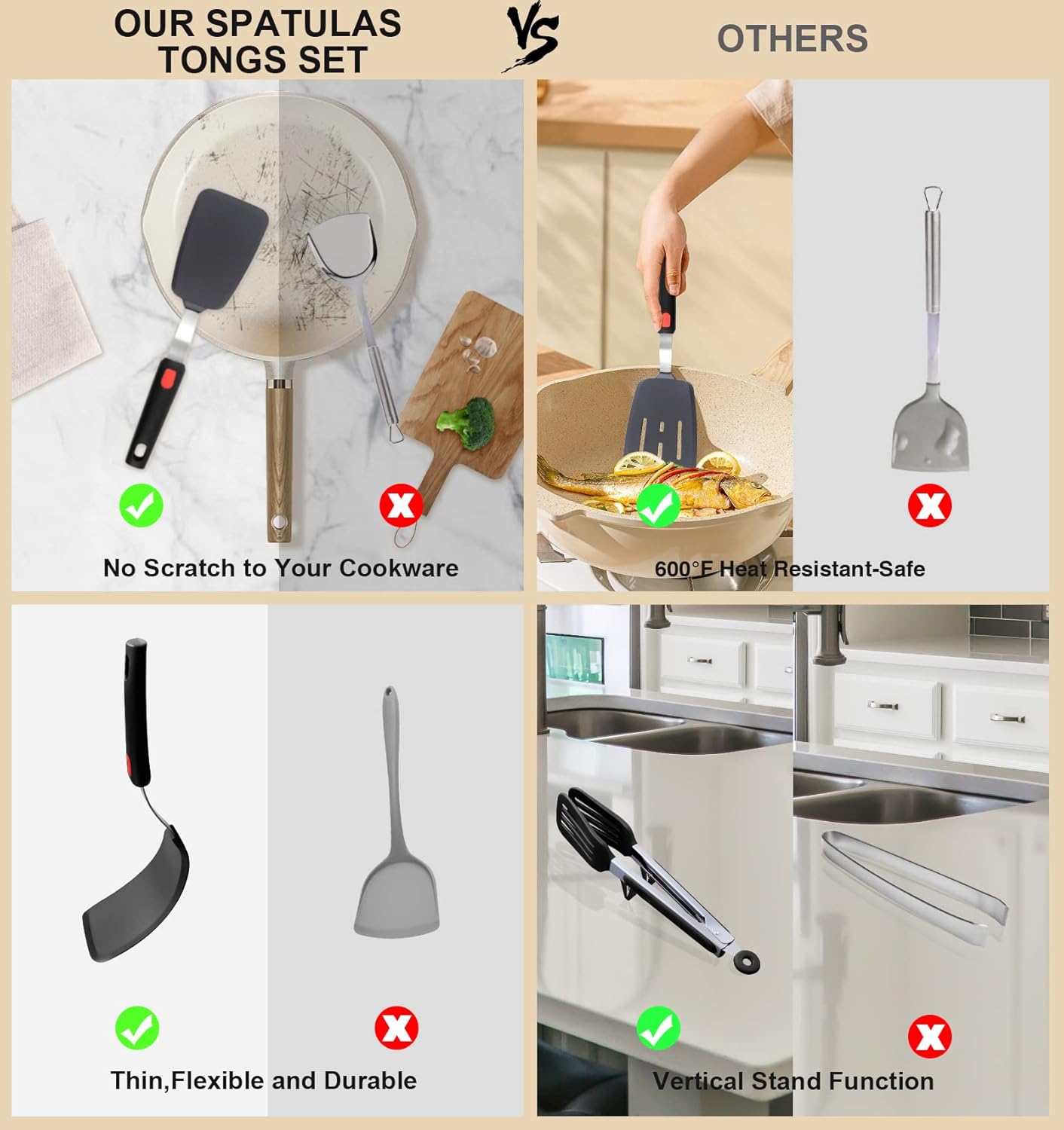 4PCS Flexible Silicone Spatula Turner Set and Kitchen Food Tongs with Silicone Tips, 600F Heat Resistant, Ideal for Flipping Eggs, Fish, Burgers, Pancake and Strong Grip on Salads, Pasta, Steaks, BBQ